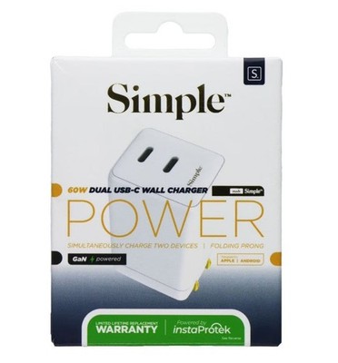Simple (60w) Dual Usb-C Gan Powered Folding Wall Charger