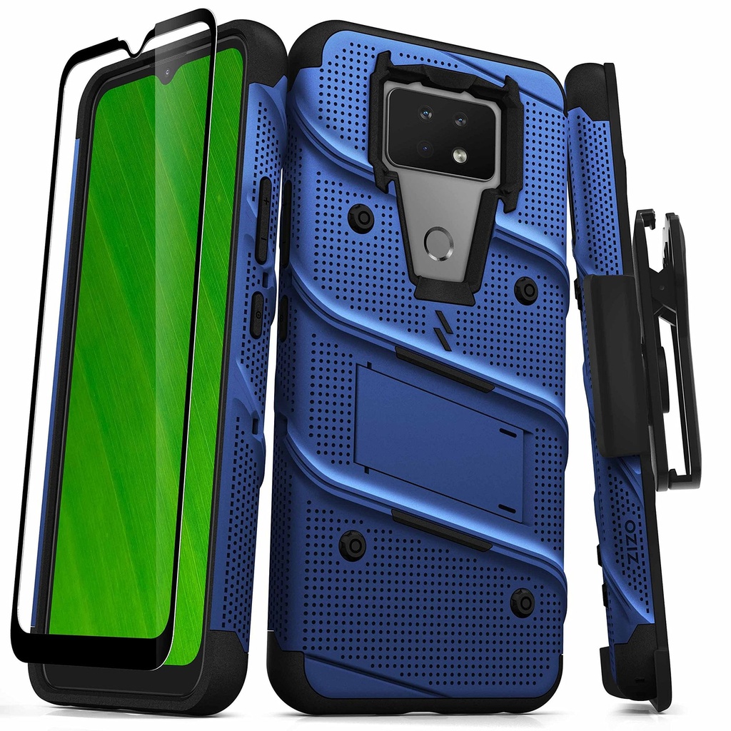 Zizo Bolt Series For Cricket Ovation 2 Case With Screen Protector Kickstand Holster Lanyard - Blue & Black