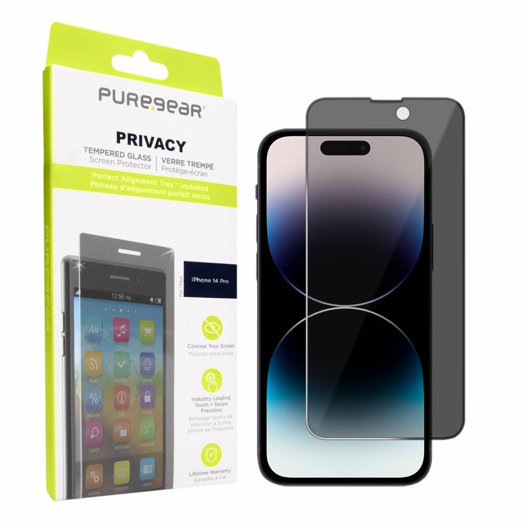 Puregear 2-Way Privacy Tempered Glass Screen Protector Compatible W/ Apple Iphone 14 Pro (2022) 6.1", Full Edge-To-Edge Coverage, Self Alignment Installation Tray, Touch Sensitive, Case Friendly, Anti-Fingerprint Coating, Lifetime Replacement, Protect Your Privacy, Conceal Your Screen