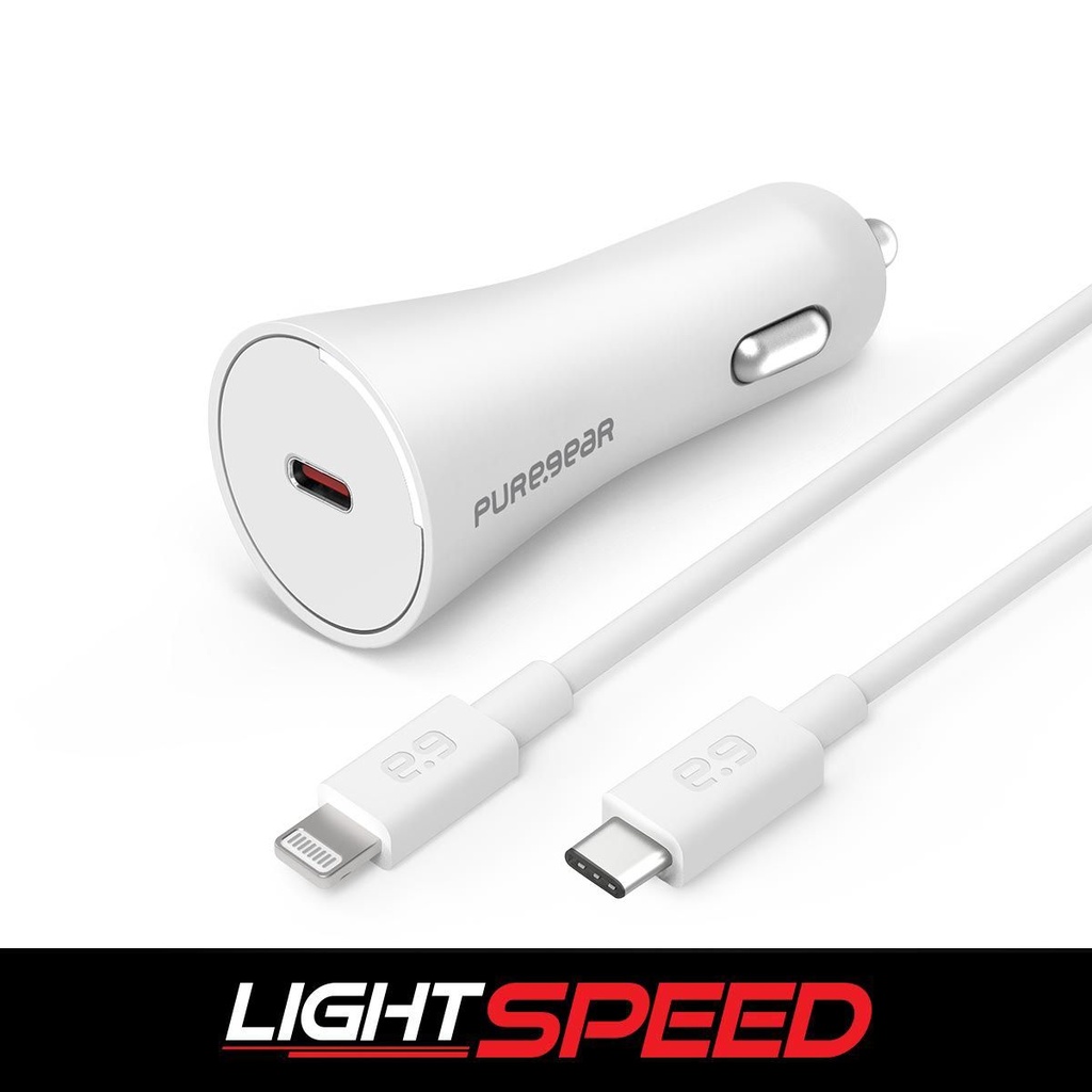 PureGear Lightspeed - 20w Single Usb-C Pd Car Charger + Lightning To Usb-C Cable -White
