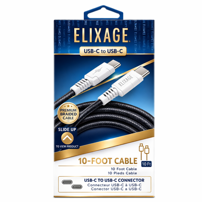 Elixage Usb 2.0 Usb-C To Usb-C 10 Foot Nylon Braided Fast Charging Cable, Navy/White