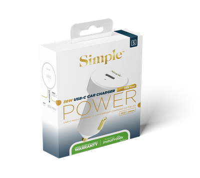 [814238029524] Simple 30w Usb-C Car Charger - White