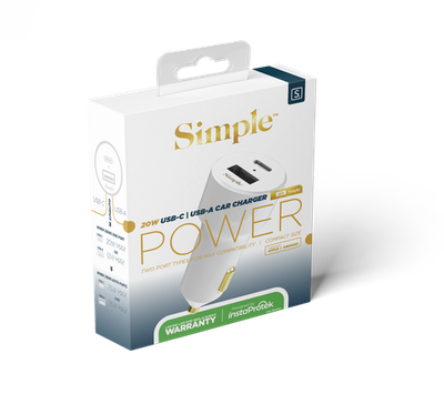 [814238029531] Simple 20w Usb-C/Usb-A Combo Car Charger - White