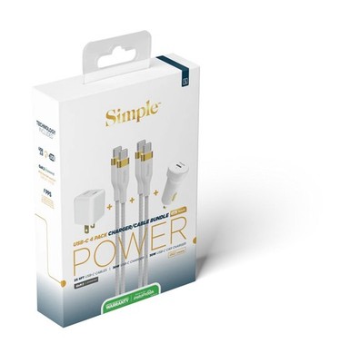 [810135810937] Simple Usb-C 4 Pack Charger/Cable Bundle, Includes 30w Car Charger, 2 6' Usb-C Cables, & 30w Wall Charger