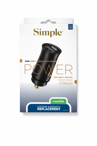 [810135816472] Simple 30w Dual Port Usb-C + Usb-A Car Charger