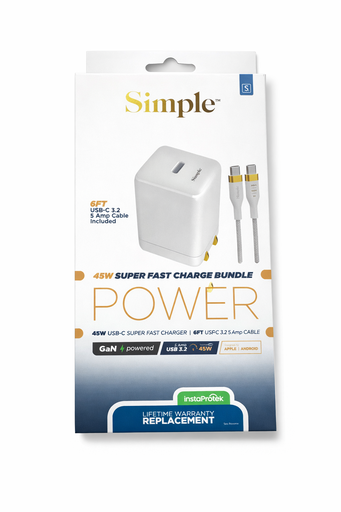 [810135817677] Simple 45w Super Fast Charge Bundle (Usb-C Wall Charger + 6ft Usb-C Cable)