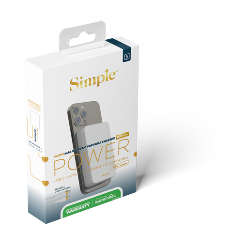[810135810920] Simple 10,000mah Portable Magnetic Wireless Charging Battery, Magsafe With Usb-C Cable Included - White