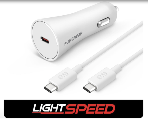 [810032996079] PureGear Lightspeed - 20w Single Usb-C Pd Car Charger + Usb-C To Usb-C Cable - White