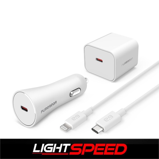 [810032998547] Pure Gear Lightspeed - 20w Usb-C Pd Wall Charger + Usb-C Pd Car Charger + Usb-C To Lightning Cable - White